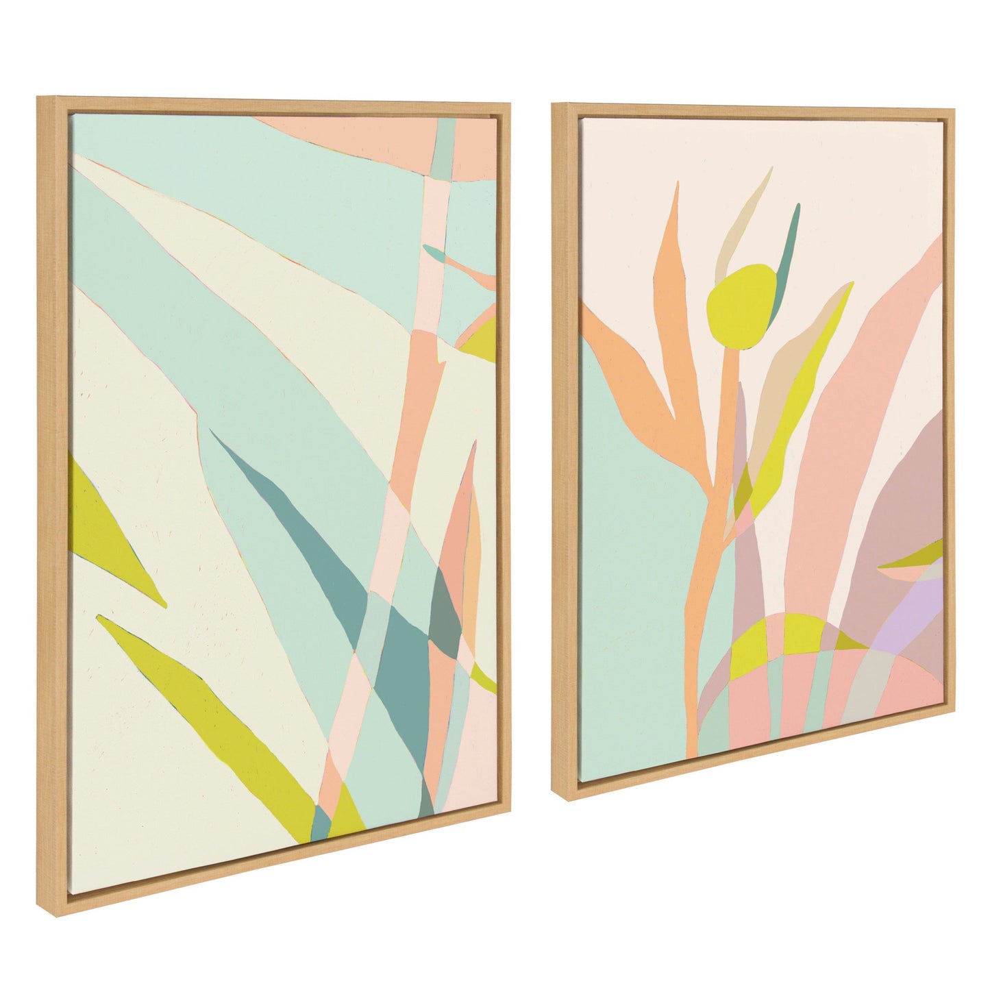 Two abstract art prints with pastel colors and wooden frames on a white background.
