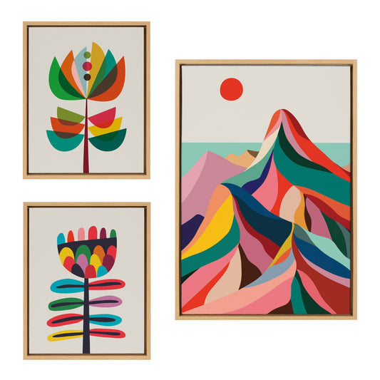 Three colorful abstract artworks in wooden frames on a white background