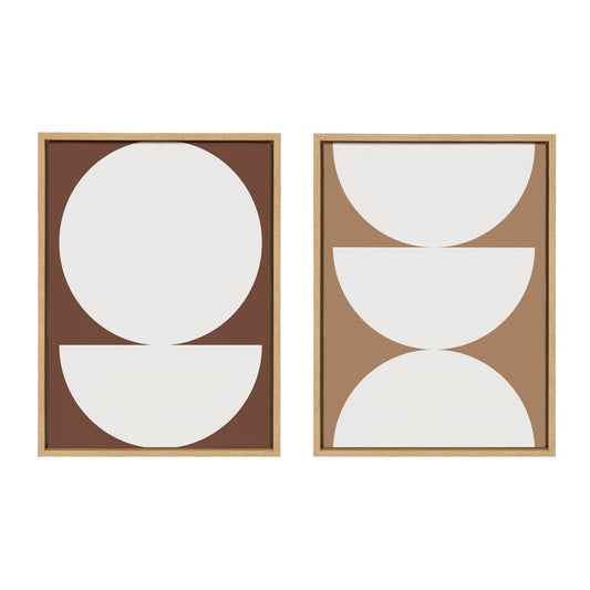 Two abstract wall art pieces with white shapes on a brown background