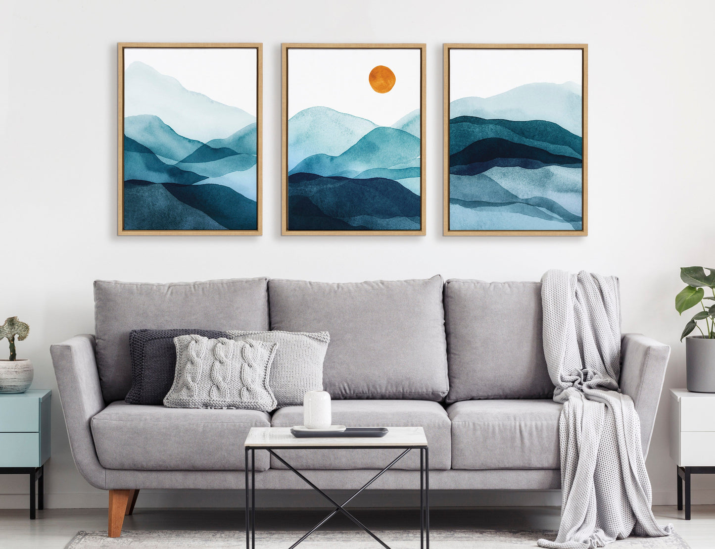 Modern Blue Mountain Range Abstract Landscape Framed Canvas Art Set