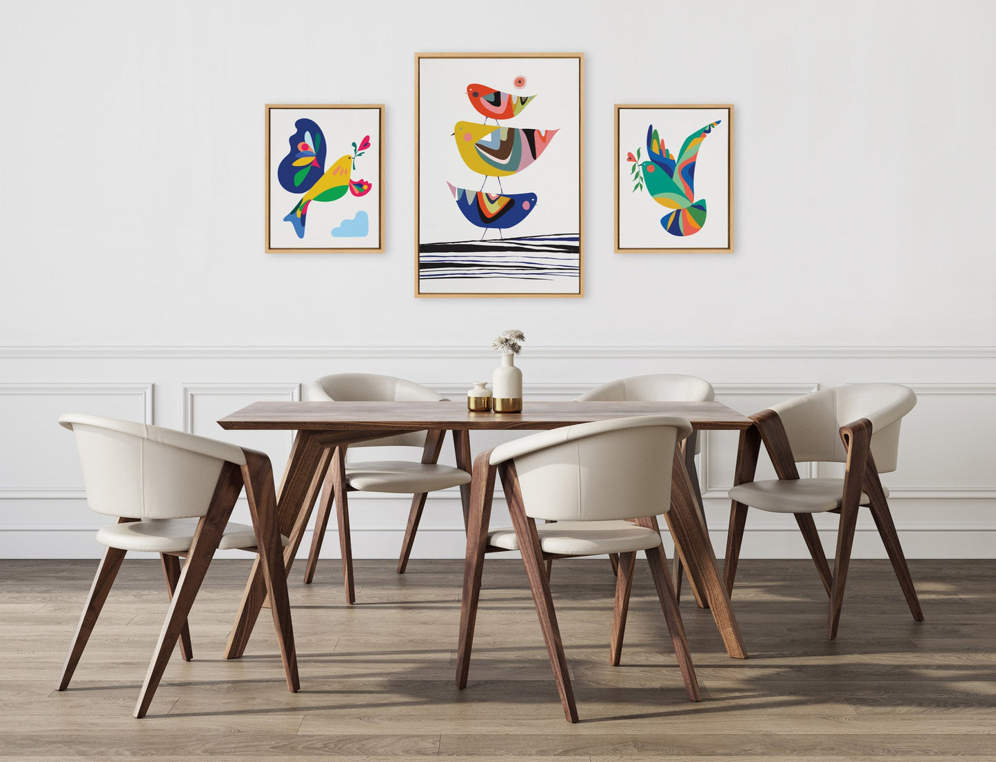 Dining room with wooden table and chairs, colorful abstract art on the wall.