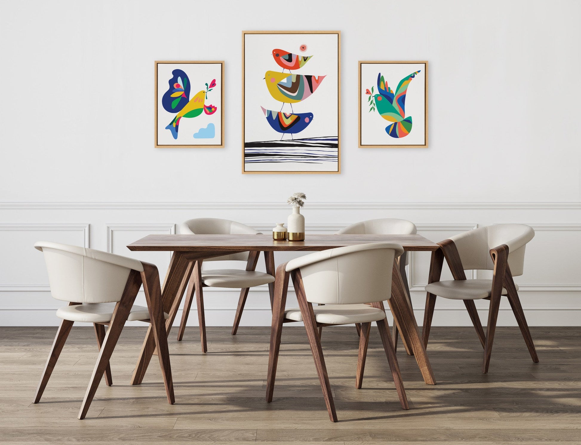Dining room with wooden table and chairs, colorful abstract art on the wall.
