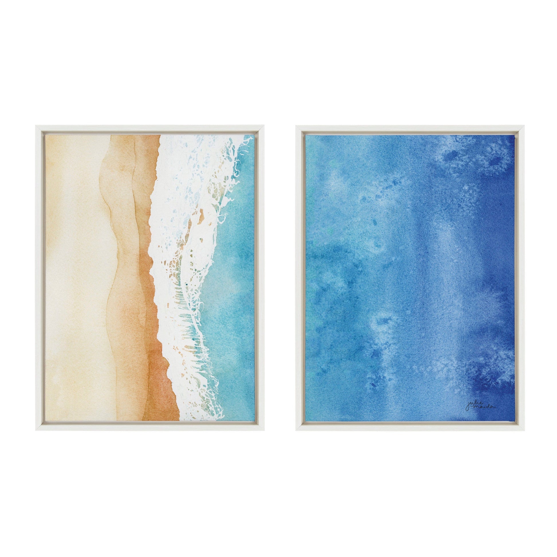 Two framed artworks depicting beach scenes with ocean waves and sand.