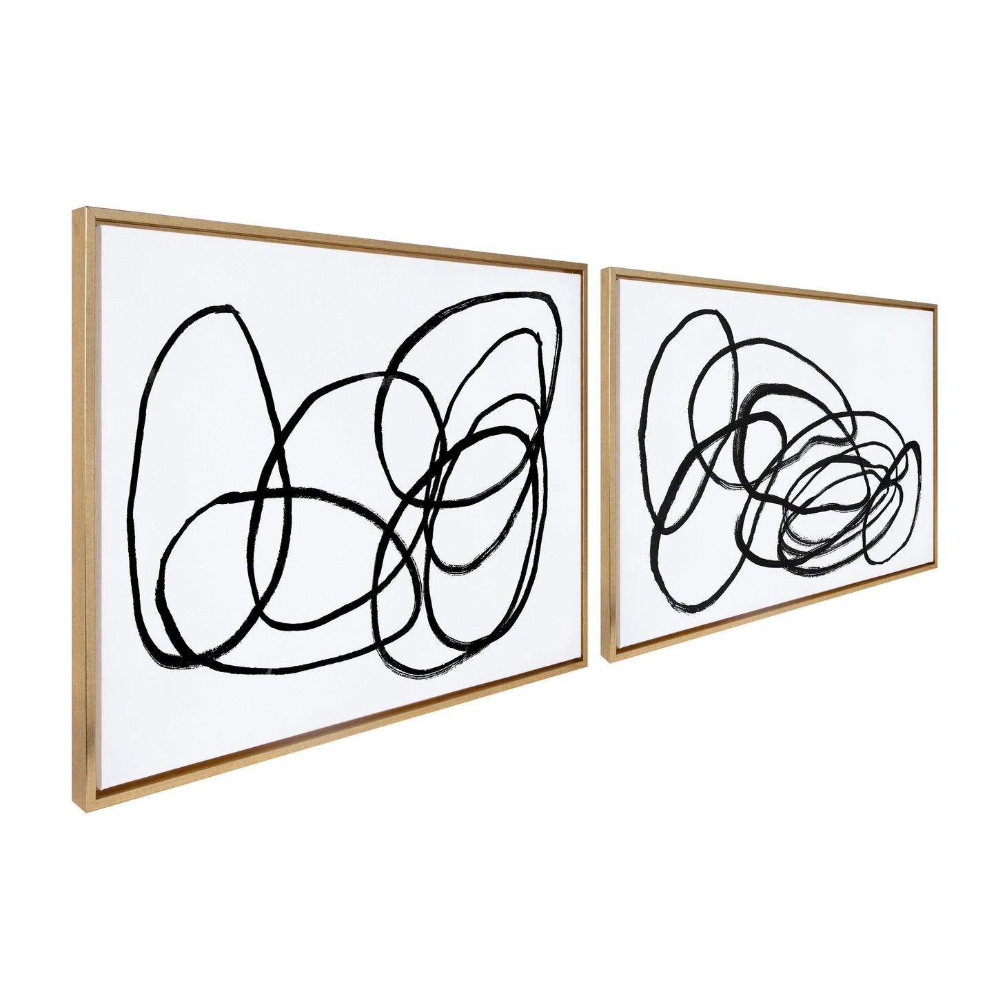 Two abstract line art prints in gold frames on a white background