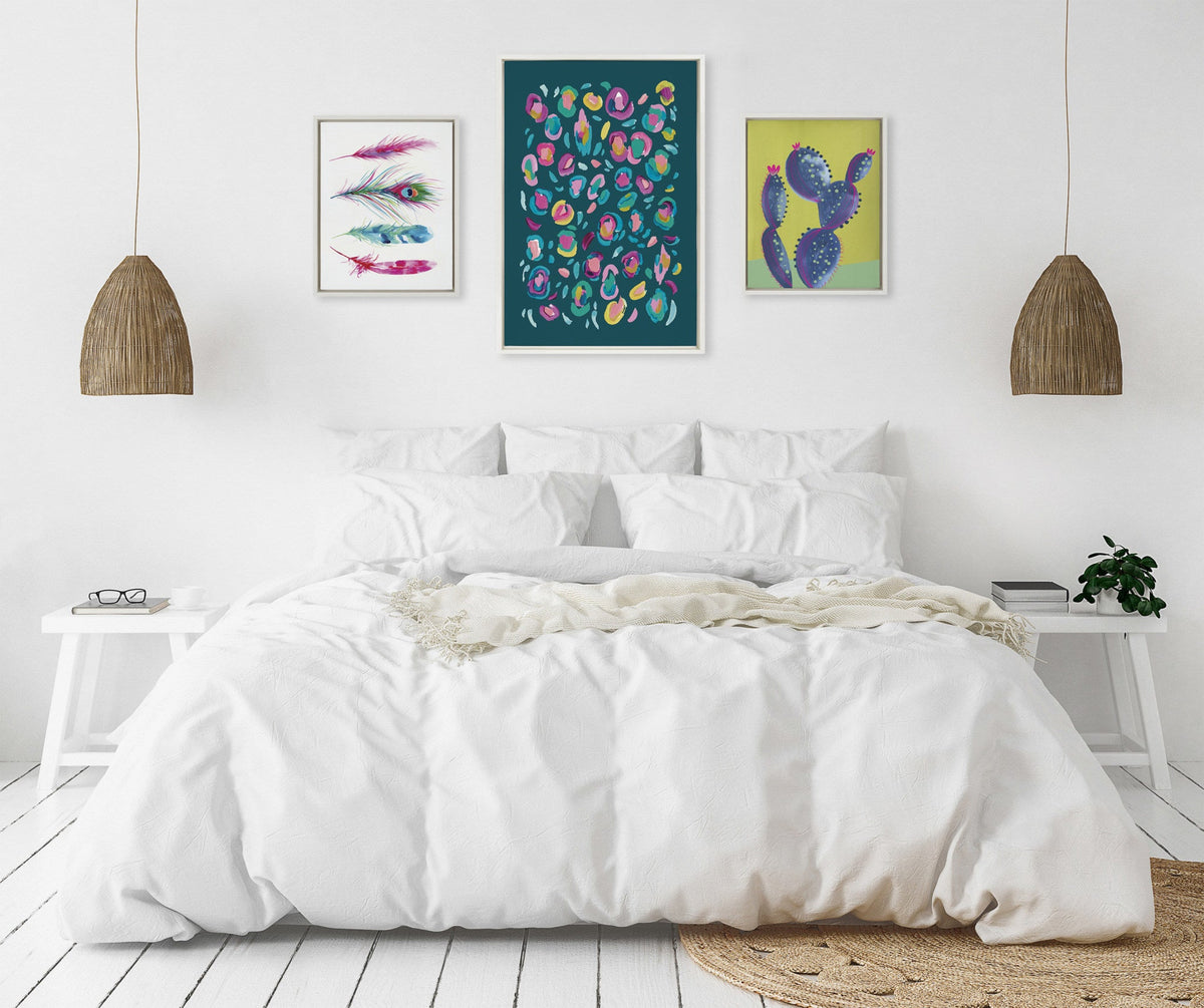 Sylvie Leopard 3, Feather Four and 800 Folk Cactus v2 Framed Canvas by Jessi Raulet of Ettavee