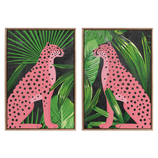 Two framed artworks of pink leopards with green leaves on a white background