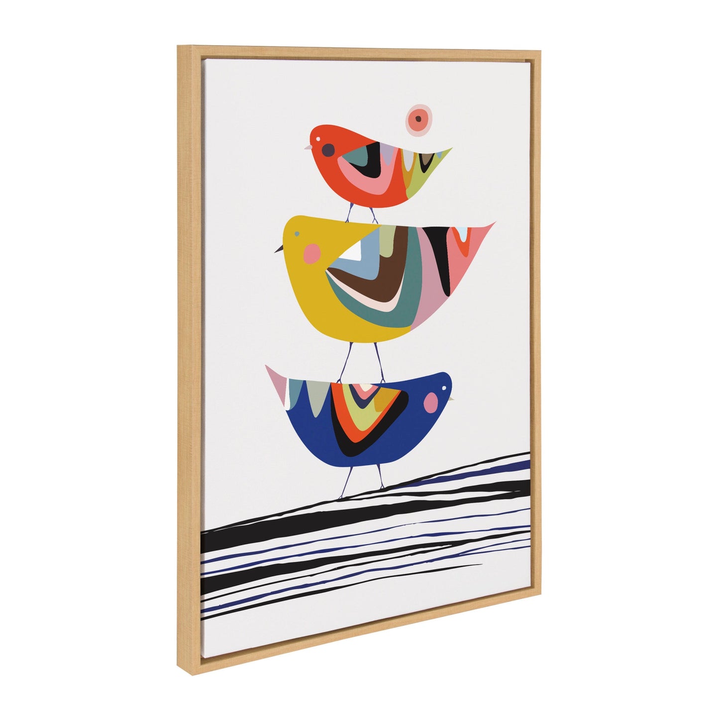 Framed artwork with colorful birds on a white background
