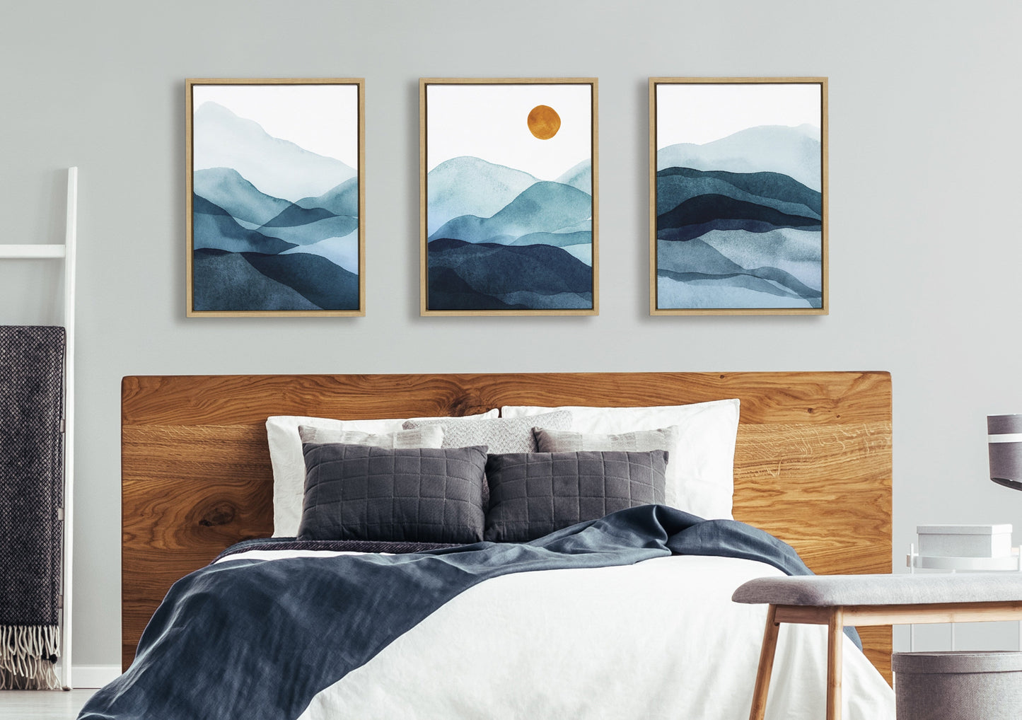 Modern Blue Mountain Range Abstract Landscape Framed Canvas Art Set