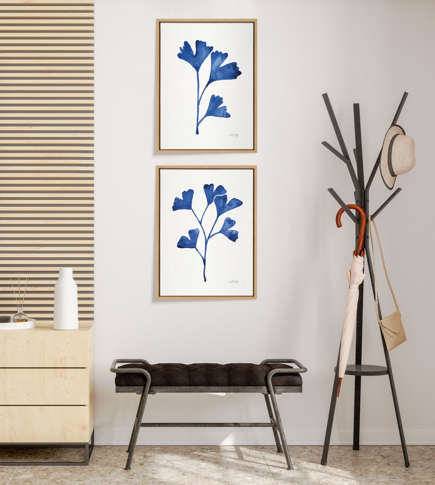 Sylvie Navy Ginkgo and Navy Ginkgo Trio Framed Canvas by Cat Coquillette