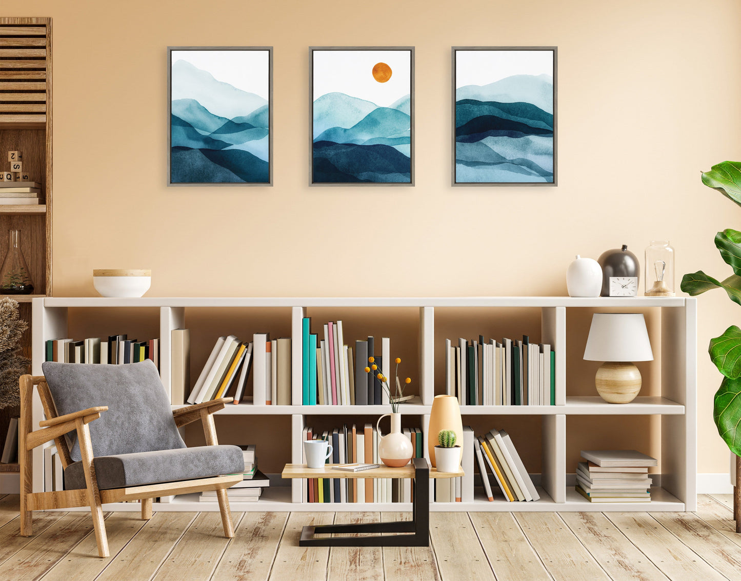 Modern Blue Mountain Range Abstract Landscape Framed Canvas Art Set