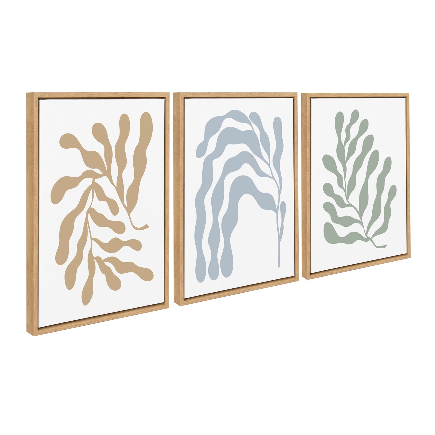 Set of three framed wall art pieces with abstract leaf designs on a white background